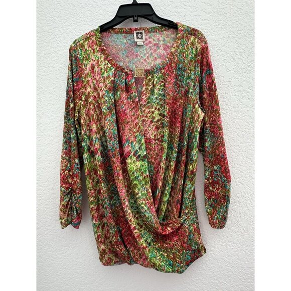 Anne Klein Womens Faux Wrap Blouse L Multicolor 3/4 Sleeve Abstract Peacock Work - Picture 1 of 15